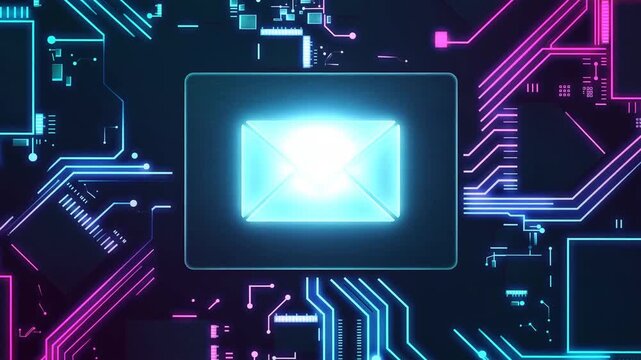 A Digital Representation of Communication: An Eye-Catching Animated Mail Symbol on a Circuit Board Background Enhanced with Neon Lights and Futuristic Patterns