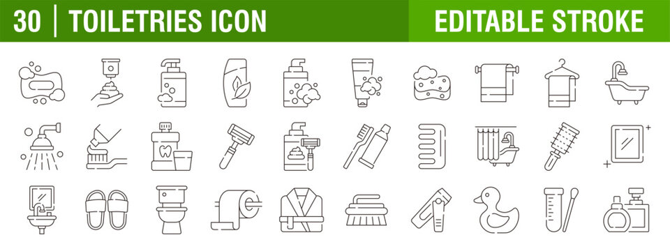 Collection of toiletries icons. Wash Basin, Closet, Shower, Mirror, Trash, Bath, Hygiene, Shampoo, Tap, Towel. Vector design template, signs, symbols, editable stroke.