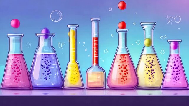 Colorful glass flasks with bubbles and liquid on table in bright lab cartoon style playful science art