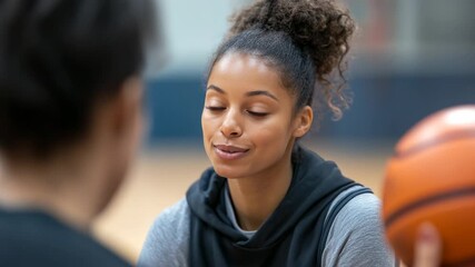 Young woman in sportswear holding basketball on court smiling and talking during casual practice - Powered by Adobe