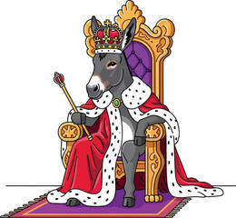 Cartoon donkey king sitting on throne wearing crown and royal robe holding scepter