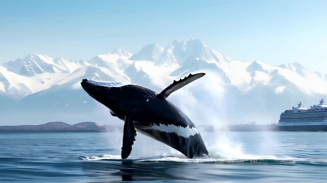 A vivid portrayal of a whale leaping out of the water with a backdrop of snowcapped mountains. The whale is depicted in a dynamic pose, with its mouth wide open.