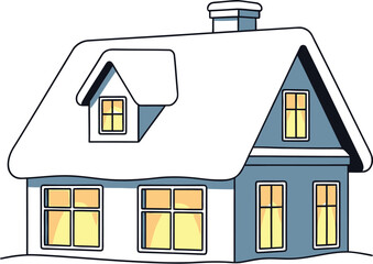 Cozy house covered in snow with warm light glowing from the windows at night