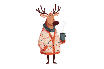 Cozy reindeer enjoying a warm drink in a festive sweater, perfect for holiday cheer