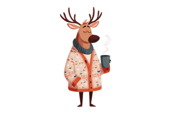 Cozy reindeer enjoying a warm drink in a festive sweater, perfect for holiday cheer