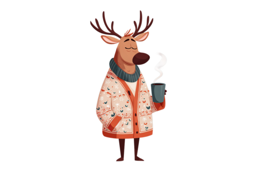 Cozy reindeer enjoying a warm drink in a festive sweater, perfect for holiday cheer
