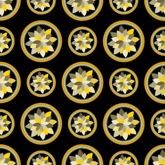 ​A dark, seamless pattern with geometric floral medallions in yellow, gray, and white tones, set against a deep black background.
