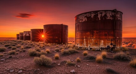 Abandoned Industrial Water Tanks Silhouetted Against a Dramatic Desert Sunset.