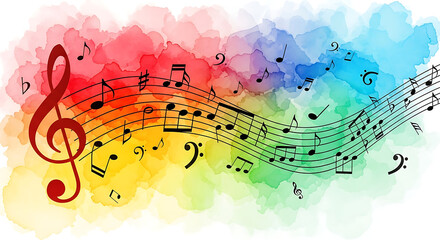 Colorful watercolor background with music notes and treble clef on white background
