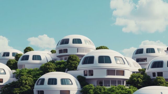 A futuristic eco city concept showcasing a sustainable future with domed residential housing green technology and renewable energy solutions