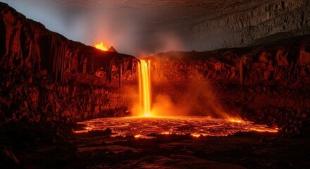 Erupting Volcano with Lava Waterfall and Glowing Lava Pool in Dramatic Landscape