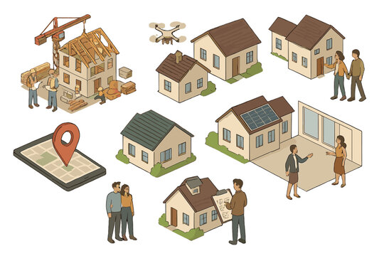 Real Estate Isometric Vectors. Isometric vector illustration set of Real Estate: construction site of new home, drone inspecting