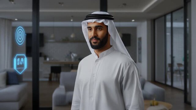 An Arab man in traditional attire stands in a modern interior with futuristic holographic icons.