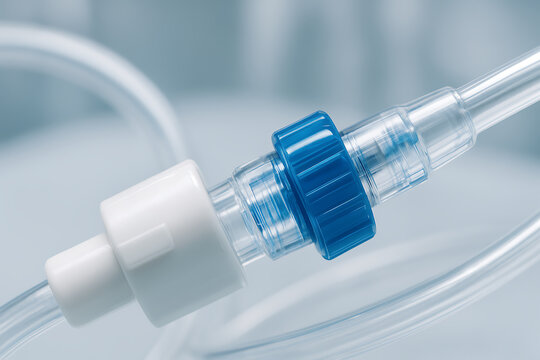 Detailed macro view of transparent plastic tubing with white and blue connectors, highlighting medical-grade precision and cleanliness under controlled light.
