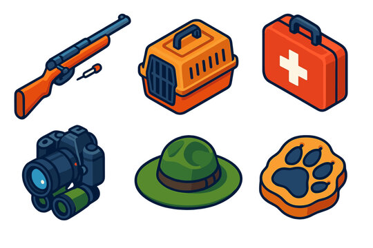 Wildlife Study Icons. Isometric vector illustration set Wildlife Fieldwork: tranquilizer dart gun, animal crate, veterinary kit,
