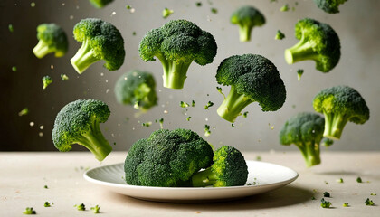 Description Vibrant fresh broccoli florets burst dynamically around a white plate on a light wooden table, green hues popping with airborne motion and subtle water splashes for an energetic