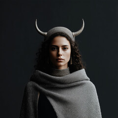 Artistic portrait of a woman with white crescent-shaped headdress and curly hair in dramatic photography