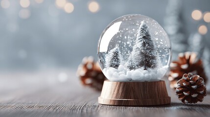 A festive snow globe with miniature trees, snow, and pinecones creating a winter scene.