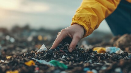 A close up shot of a hand reaching down to pick up waste and litter from a polluted littered environment