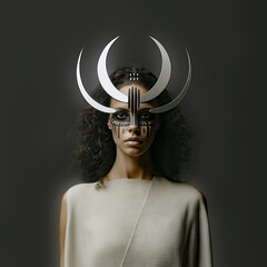 Artistic portrait of a woman with white crescent-shaped headdress and curly hair in dramatic photography