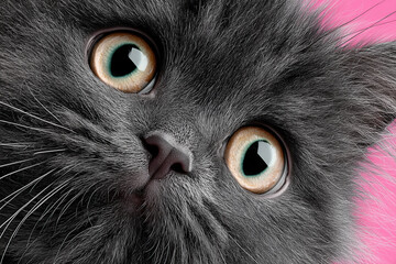 Close-up of a fluffy grey cat with wide eyes against pink background
