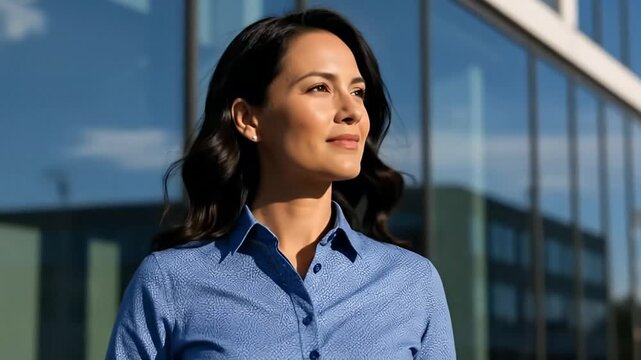 A confident and determined professional woman walks purposefully past a modern glass office building on a bright, sunny day. Her focused gaze looks towards the future, embodying themes of ambition, ca
