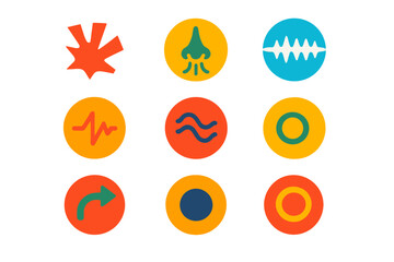 Flat Phoneme Icons. Flat vector icons of consonant sounds: plosive burst, nasal sound wave, fricative hiss, affricate combination,