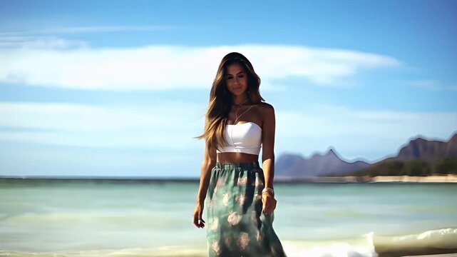 A digitally rendered portrait of a woman standing by the sea. She is wearing a white crop top and a long skirt with a floral pattern. The sky is clear with a few clouds.