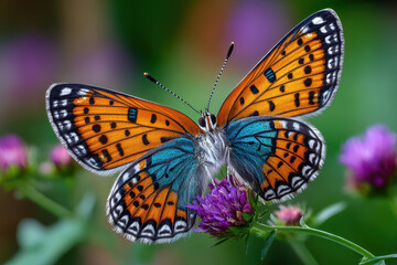 Fototapeta premium Butterfly with orange and blue wings on purple flower