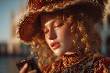 Fototapeta premium Young woman in vintage hat and dress using smartphone in warm evening light