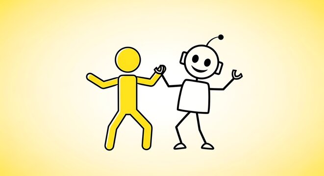 Cheerful Robot and Yellow Stick Figure Holding Hands on Gradient Background.