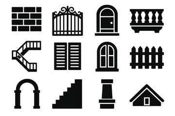 Obraz premium Old Architecture Icons. Solid style icons of Old Architecture: Brick Wall, Iron Gate, Wooden Door, Balcony, Fire Escape, Shutter,