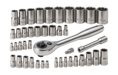 Metric and SAE ratchet and socket set for automotive repair use.