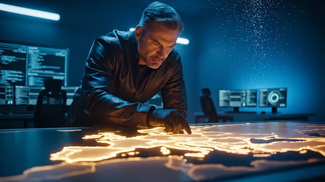 Commander studies illuminated map table. Man plots strategy and operation. Military planning shows border and target. Control room monitors data under tense war pressure. Immediate decision pending.