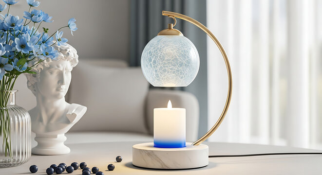 Elegant candle warmer lamp with blue flowers and bust statue on table
