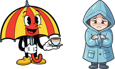 Colorful umbrella character holding tea cup beside sad girl in blue raincoat, creative cartoon illustration about rain and emotions