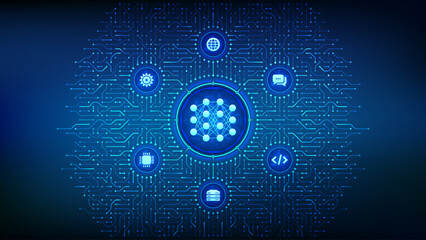 Neural network icon made with binary code. AI. Artificial Intelligence. Machine Learning. Big data analysis technology. Background with circuit board connections and tech icons. Vector Illustration.