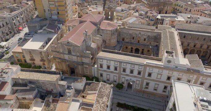 Aerial view of the College Church located in the historic center of Sciacca, in the province of Agrigento, Sicily, Italy. It is located next to the city hall.