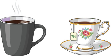 Coffee mug, tea cup, hot beverages, steam rising, morning drink, ceramic mug, porcelain teacup, beverage contrast, elegant setup, cozy moment