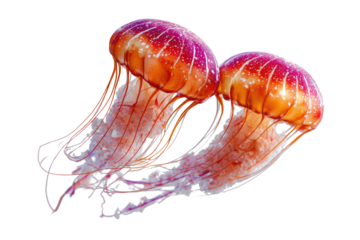 Two vibrant orange-pink jellyfish, translucent bodies, long tentacles