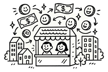 Doodle Remittance Hub. Playful doodle community remittance hub with smiling clerks, cartoon coins and bills bouncing, cheerful