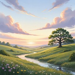 Pastoral Serenity A River Flows Through Green Fields Under a Blue Background Sky