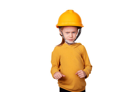 Young child in yellow safety helmet and sweater stands with a confident expression against a transparent background. Concept of safety, construction, and future careers. - Powered by Adobe