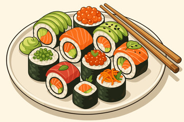 Gourmet Sushi Platter. Gourmet platter of freshly made sushi rolls vector illustration with vibrant toppings, chopsticks resting