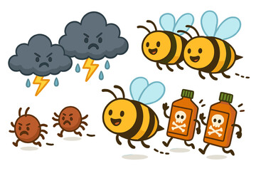 Bees Overcoming Threats. Threats to bees illustrated as playful cartoon mites, storm clouds, and pesticide bottles being chased