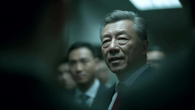 Confident middle-aged Asian businessman engaging in serious discussion with attentive colleagues in dimly lit office