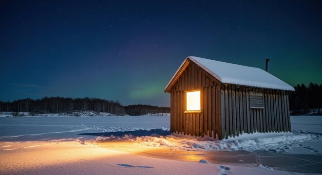 Cozy Cabin in Snowy Landscape Under Northern Lights.