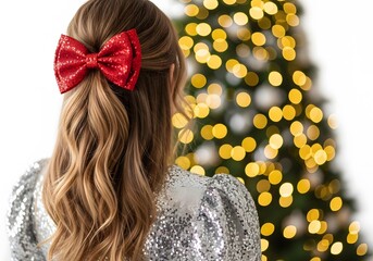 Woman with red bow in hair and silver dress in front of christmas tree