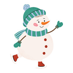 Cute snowman skating on ice in winter hat and scarf. Funny Christmas character with carrot nose and mittens. Flat vector illustration for holiday design.