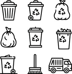 Waste Management Outline Icons  Trash, Recycling, and Disposal Essentials